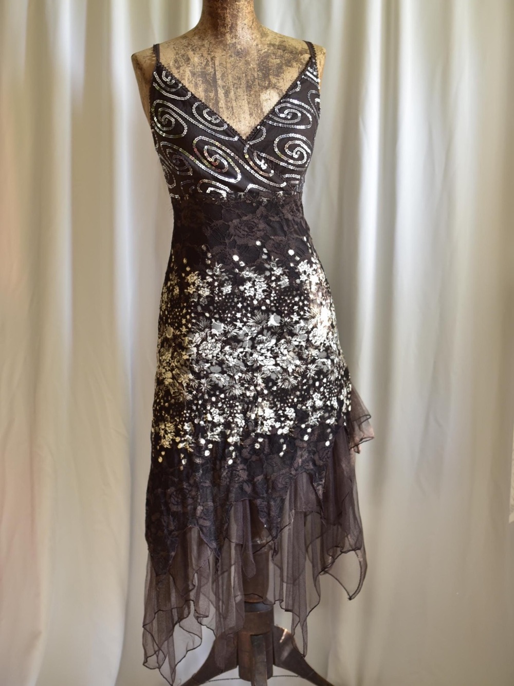 brown  & White Floral High-Low Evening Dress